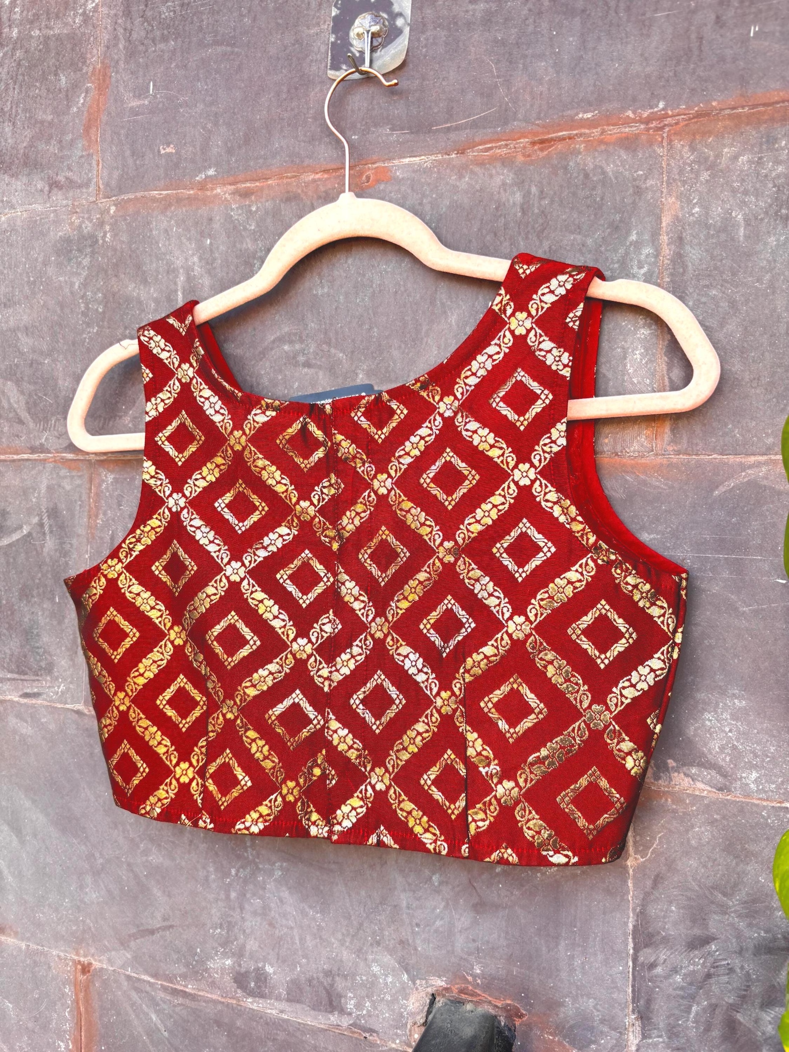 Red & Gold Wedding Blouse: Sleeveless Silk Saree Crop Top