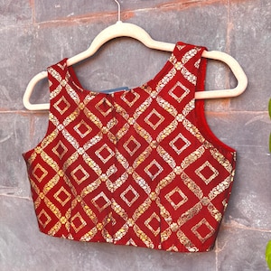 Wedding Red Golden Blouse | Ready to Wear | Sleeveless Crop Top | Saree/Lehenga Blouse | Gift for Her | Christmas | Mother&#39;s Day Gift