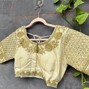 Cream gold handwork blouse Phantom Silk Saree Blouse for Women, Stitched Indian Blouse, hand embroidered blouse, Golden Blouse
