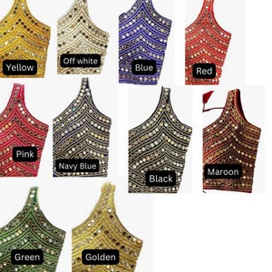 May include: A collection of sleeveless blouses featuring a chevron pattern embellished with small circular mirrors. The blouses are available in yellow, off white, blue, red, pink, navy blue, black, maroon, green, and golden colours with labels.