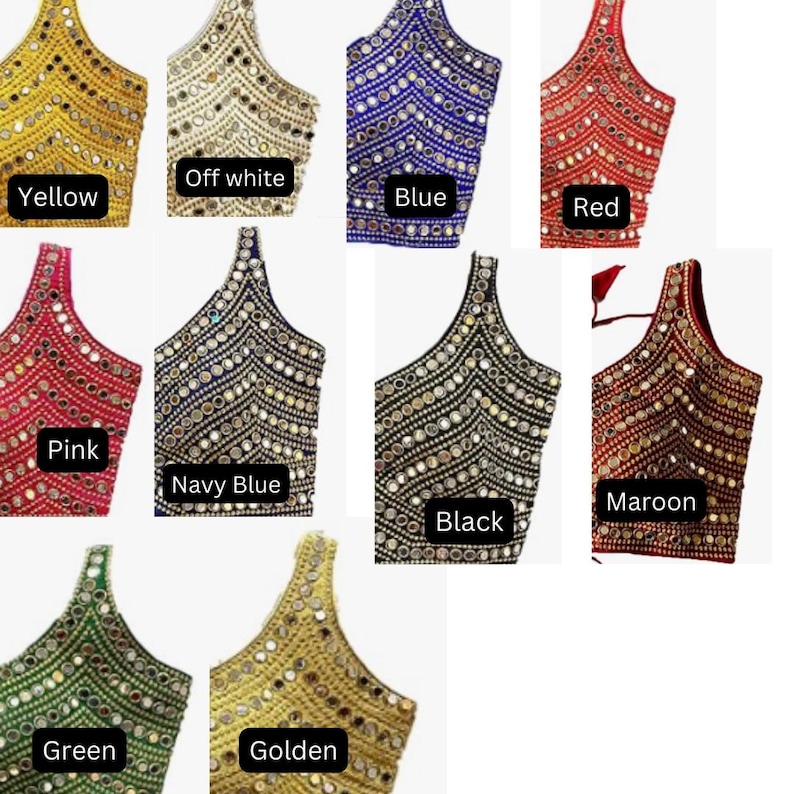 May include: A collection of sleeveless blouses featuring a chevron pattern embellished with small circular mirrors. The blouses are available in yellow, off white, blue, red, pink, navy blue, black, maroon, green, and golden colours with labels.