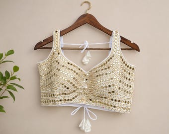 HANDMADE White & Golden Mirror BLOUSE : Phantom SILK Lehenga Choli Crop Top
