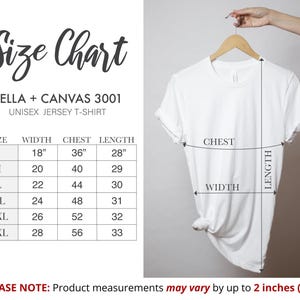 May include: Size chart for Bella + Canvas 3001 unisex jersey t-shirts. The chart shows measurements in inches for width, chest, and length for sizes S through 3XL.