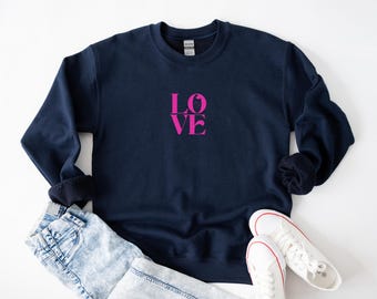 Pink LOVE outlined Heart Sweater, Love Sweatshirt, Couple Tshirt, Valentines Day Gift Tee, Heart Love Tshirt, Gift For Her, Women's Shirt