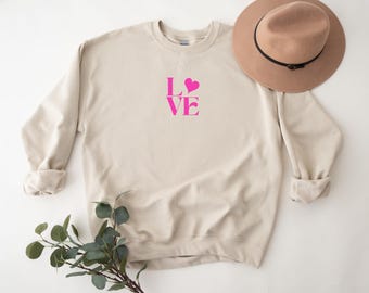 Pink LOVE Heart Sweater, Love Sweatshirt, Couple Tshirt, Valentines Day Gift Tee, Heart Love Tshirt, Gift For Her, Women's Shirt