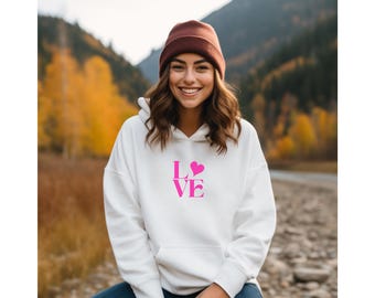 Pink LOVE Heart Hoodie, Love Sweatshirt, Couple Tshirt, Valentines Day Gift Tee, Heart Love Sweater, Gift For Her, Women's Shirt