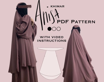 May include: A mauve Khimar PDF pattern with video instructions. The image shows two women wearing the Khimar, a long, flowing garment. The text "Anisa" is written in a stylish font, with the words "PDF Pattern" below it.