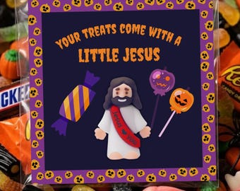 Printbare kaartjes met het kleine Jezus-figuurtje voor een religieus Halloweenfeest, kaartjes met het kleine Jezus-figuurtje voor kerkelijke feestcadeautjes, traktaties of grapjes voor christelijke kinderen.