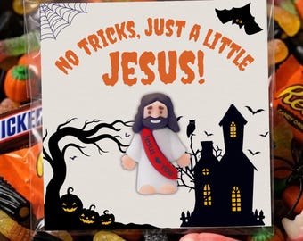Printbare kaartjes met het kleine Jezusje voor in je zak, perfect voor een religieuze Halloween, of als cadeautjes voor een kerkfeest, of als christelijk kaartje voor een grapje of traktatie.