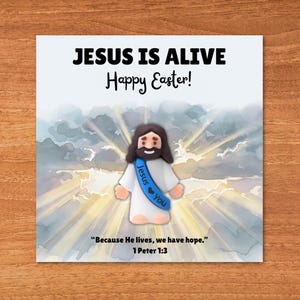 Kleine Jezus christelijke afdrukbare zakkaart - Jesus is Alive, paascadeau voor zondagsschoolkinderen, 1 Petrus 1:3 schrift, bijbelvers cadeau