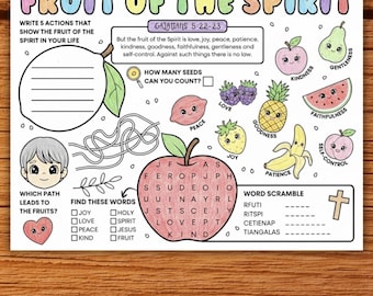 Mantel individual con actividades sobre el fruto del Espíritu, imprimible bíblico para niños, hoja de trabajo cristiana para la escuela dominical, juegos bíblicos y colorear en PDF, Gálatas