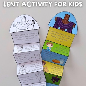 May include: Two colorful Lent activity crafts for kids. One is black and white, the other is colored. Each features a cross, Bible verses, and illustrations of children. The text reads "Sunday School Activity! Lent Activity for Kids."
