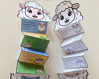 Manualidad sorpresa de doblar la Biblia del Salmo 23, actividad cristiana imprimible de ovejas para niños, manualidad con versículos bíblicos para la escuela dominical y la educación en casa.