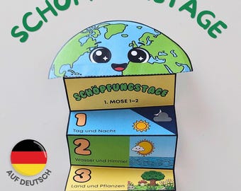 7 Dagen van de Schepping: Opvouwbaar Verrassingsknutselwerk (in het Duits), Bijbelactiviteit voor christelijke kinderen, Printbare activiteit voor zondagsschool, thuisonderwijs