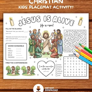 Könnte beinhalten: Ein christliches Platzset für Kinder mit dem Text „JESUS IS ALIVE“ und „Er ist auferstanden!“. Es zeigt Illustrationen von Jesus und seinen Jüngern, ein Labyrinth, ein Wortsuchrätsel und Lückentexte. Enthält Buntstifte und den Text „SOFORT-DOWNLOAD“.