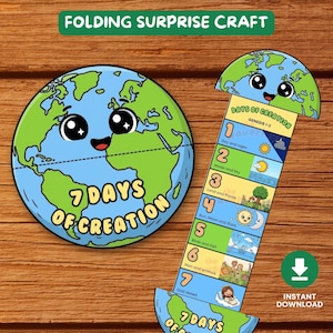 Puede incluir: Una manualidad de papel plegable titulada Days of Creation que presenta una Tierra de dibujos animados con una cara sonriente. La manualidad se despliega para revelar siete secciones numeradas que ilustran la historia de la creación con gráficos.