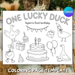 One Lucky Duck Birthday Coloring Page For Kids, Custom Name Silly Goose Party Favors, Firts Birthday Placemat Editable Canva Template