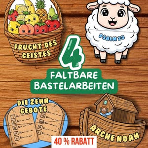 4-pack med bibelpyssel att fälla ihop, utskrivbart för kristna barn PÅ TYSKA | Noaks ark, Psalm 23, 10 budord och Andens frukt
