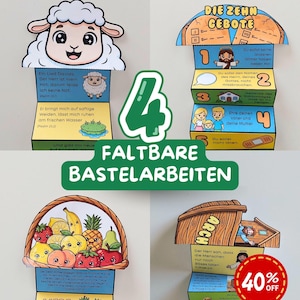 Op de afbeelding: Vier kleurrijke, opvouwbare knutselprojecten voor de zondagsschool. De knutselwerken omvatten een schaap met bijbelverzen, de Tien Geboden, een fruitmand en de ark van Noach. De afbeelding bevat ook een promotie van 40% korting.