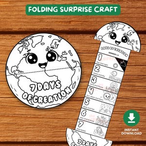 May include: A black and white printable paper craft titled Days of Creation. It features a circular earth design with a cute face and the text 7 Days of Creation. An extended folding strip shows seven numbered sections illustrating the creation story.