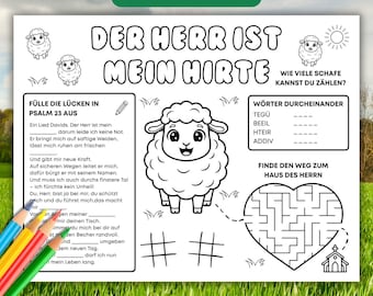 Psalm 23 - De heer is mijn herder Bijbelactiviteit placemat IN HET DUITS, zondagsschoolkleuring afdrukbaar, kerk en christelijke thuisschool