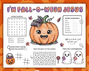 Halloween Activity Placemat for Sunday School, I am fall-o-ween Jesus Coloring Printable, Christian Homeschool Kids Game, Children Church