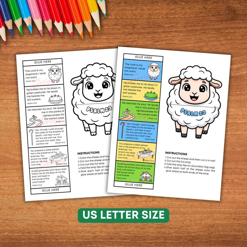 Puede incluir: Dos plantillas imprimibles de manualidades con tem&aacute;tica de ovejas con el texto "Salmo 23" e instrucciones. Las plantillas est&aacute;n en papel tama&ntilde;o US Letter. L&aacute;pices de colores en el fondo.