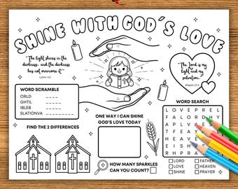 Shine with god's love - Bible Activity Placemat, Sunday School Coloring Printable, Christian Homeschool Kids Game, Children's Church Sheet