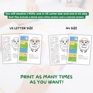 Puede incluir: Dos juegos de hojas de actividades imprimibles con tem&aacute;tica de ovejas, uno en tama&ntilde;o US Letter y otro en tama&ntilde;o A4. Cada juego incluye una versi&oacute;n en blanco y negro y una versi&oacute;n en color. El texto dice "&iexcl;IMPRIME TANTAS VECES COMO QUIERAS!"