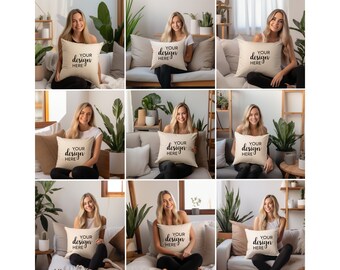 9 Pillow mockup bundle, Square Pillow mockup, Blonde model, Lifestyle photography, Cushion Mockups Stock Photo, Print on Demand mock ups