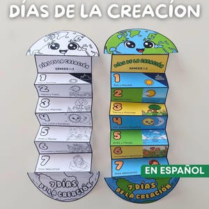 May include: Two accordion-style paper crafts titled Días de la Creación, one black and white and one coloured, depicting the seven days of creation with illustrations and Spanish text. The top and bottom feature a globe graphic with a smiling face.