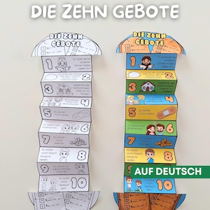 Könnte beinhalten: Zwei Bastelarbeiten, die die Zehn Gebote auf Deutsch darstellen. Die farbenfrohen Arbeiten zeigen Illustrationen und nummerierte Abschnitte. Der Text "Aktivität für die Sonntagsschule" steht oben.
