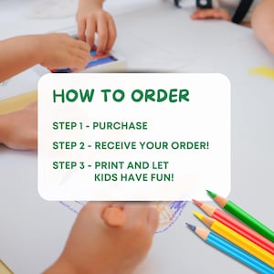 Puede incluir: La imagen muestra el texto "C&Oacute;MO ORDENAR" con los pasos: Comprar, Recibir el pedido, Imprimir y &iexcl;dejar que los ni&ntilde;os se diviertan! Se ven l&aacute;pices de colores rojo, amarillo, verde y azul. Manos de ni&ntilde;os dibujando con crayones.