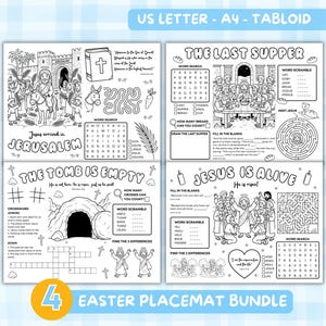 Op de afbeelding: Zwart-wit paasplacematbundel met vier activiteitpagina's. Bevat woordzoekers, doolhoven, kruiswoordpuzzels en invuloefeningen. De placemats tonen religieuze thema's, waaronder de aankomst van Jezus in Jeruzalem.
