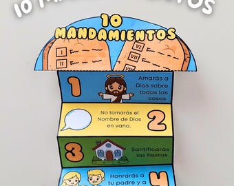 May include: A colorful, illustrated children's educational chart featuring the Ten Commandments. The chart is designed with a layered, accordion-style format, with each section displaying a commandment with corresponding images and text in Spanish.