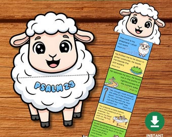 May include: A white cartoon sheep with the text "PSALM 23" and a folding craft featuring Bible verses. The craft has a sheep head and a series of colorful panels with text and illustrations. The words "Instant Download" are also visible.