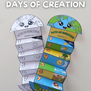 Puede incluir: Dos manualidades de papel plegadas en acordeón tituladas Days of Creation Genesis 1-2. Una es un contorno en blanco y negro para colorear, y la otra está completamente coloreada con ilustraciones para cada uno de los siete días, con una tierra animada.