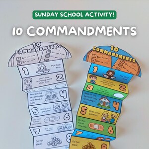 May include: Two colorful, folded paper crafts with the text "10 COMMANDMENTS" and illustrations. One is black and white, the other is colored. Each craft has numbered sections with corresponding phrases like "Put God first" and "Do not steal."