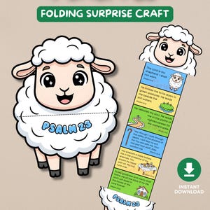 Puede incluir: Una manualidad plegable con forma de oveja blanca con el texto "PSALM 23" y "FOLDING SURPRISE CRAFT". La manualidad se despliega para revelar vers&iacute;culos b&iacute;blicos e ilustraciones. Incluye un icono de "DESCARGA INSTANT&Aacute;NEA".