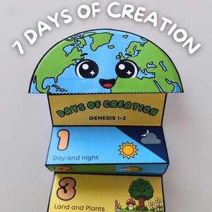 May include: A paper craft titled 7 DAYS OF CREATION featuring a cartoon Earth at the top. The structure unfolds into sections labelled DAYS OF CREATION GENESIS 1-2, 1 Day and night, 3 Land and Plants, and 4 Sun, Moon and stars with colourful illustrations.