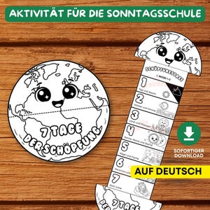 Pode incluir: Uma folha de atividades imprimível com uma ilustração circular de um globo com o texto 7 TAGE DER SCHÖPFUNG e uma tira vertical mostrando sete passos numerados da criação com texto em alemão, incluindo 1. MOSE 1-2 e Gott ruhte.