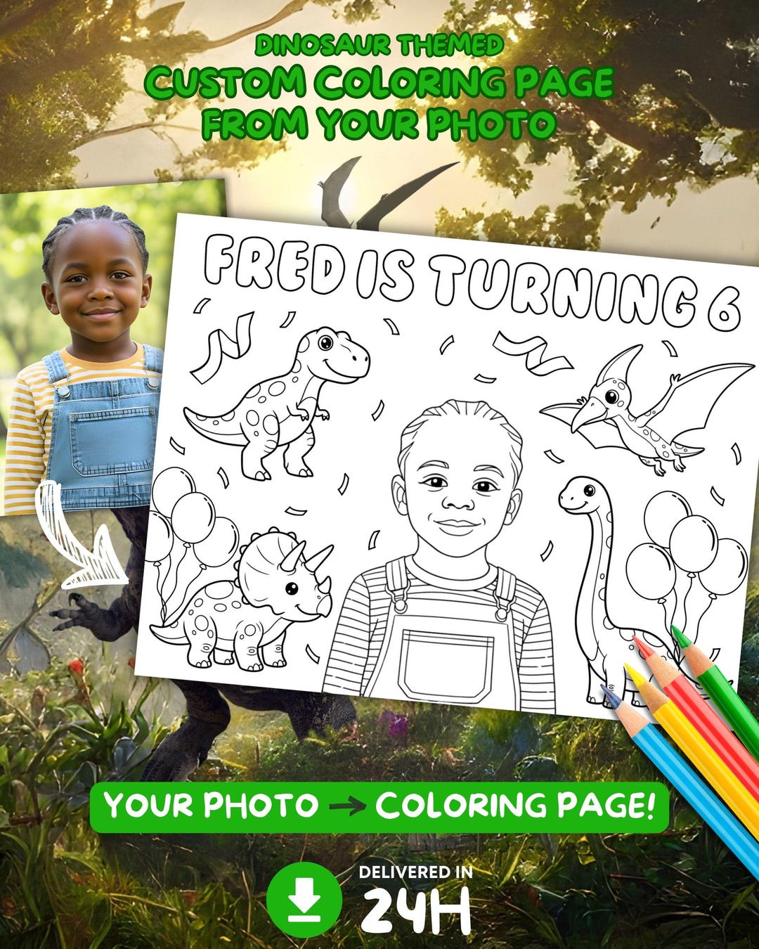 Custom Coloring Page From Photo for Dinosaur Themed Birthday Party ...