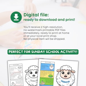 Puede incluir: Archivo digital listo para descargar e imprimir. Archivos PDF imprimibles para la actividad de la escuela dominical. La imagen muestra un icono de descarga verde y el texto "&iexcl;PERFECTO PARA LA ACTIVIDAD DE LA ESCUELA DOMINICAL!" con ilustraciones de ovejas y texto del Salmo 23.