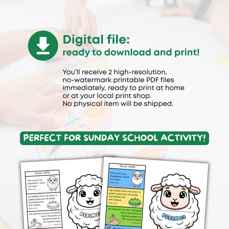 Puede incluir: Archivo digital listo para descargar e imprimir. Archivos PDF imprimibles para la actividad de la escuela dominical. La imagen muestra un icono de descarga verde y el texto "&iexcl;PERFECTO PARA LA ACTIVIDAD DE LA ESCUELA DOMINICAL!" con ilustraciones de ovejas y texto del Salmo 23.