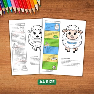 Puede incluir: Dos hojas de manualidades imprimibles con una ilustraci&oacute;n de oveja y el texto del Salmo 23. Las hojas incluyen instrucciones para cortar y ensamblar la oveja. Se ven l&aacute;pices de colores en el fondo.