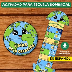 Puede incluir: Un conjunto de actividades imprimible titulado Días de la Creación con un gráfico circular de la Tierra y una tira vertical que ilustra los siete días de la creación con texto en español, incluyendo iconos para día, noche, agua, cielo, plantas, sol, luna, estrellas, animales y personas.