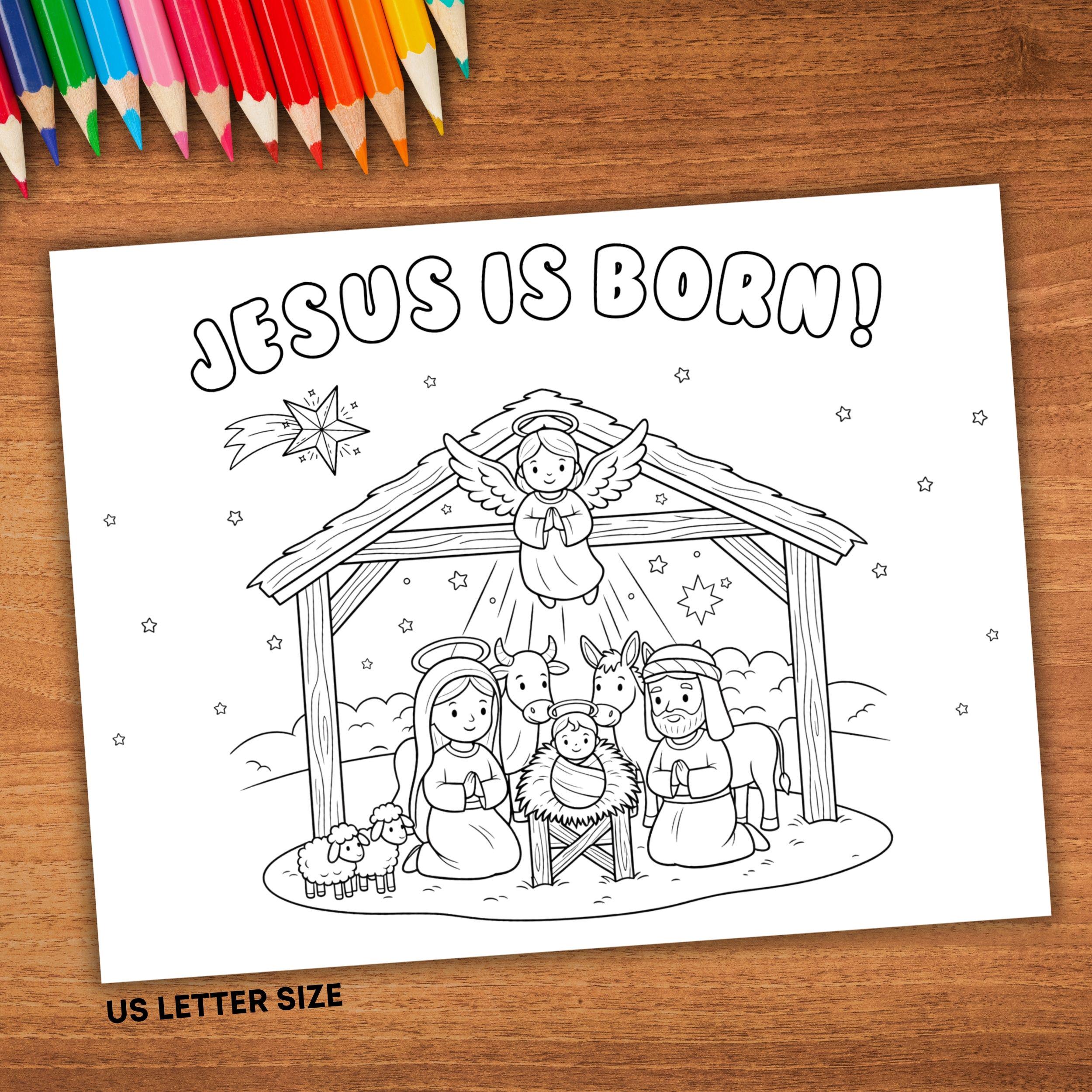 Jesus is Born Coloring Page, Nativity Scene Sheet, Christian Christmas ...