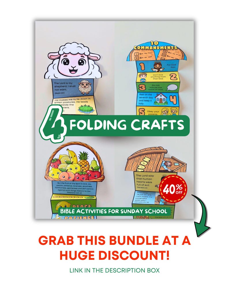 Puede incluir: Un paquete de cuatro manualidades plegables para actividades b&iacute;blicas. Las manualidades incluyen una oveja, los Diez Mandamientos, una cesta de frutas y el Arca de No&eacute;. La imagen tambi&eacute;n incluye el texto "Actividades b&iacute;blicas para la escuela dominical".