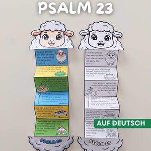 May include: Two colorful, folded paper crafts shaped like sheep, each featuring text from Psalm 23. One is colored, the other is black and white. The text is in German. The top of the image reads "ACTIVITY FOR SUNDAY SCHOOL".