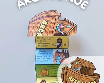 Ark van Noach Bijbel vouwen verrassingsambacht IN HET SPAANS, afdrukbare pdf christelijke activiteit voor kinderen, Genesis Craft voor zondagsschool en thuisschool